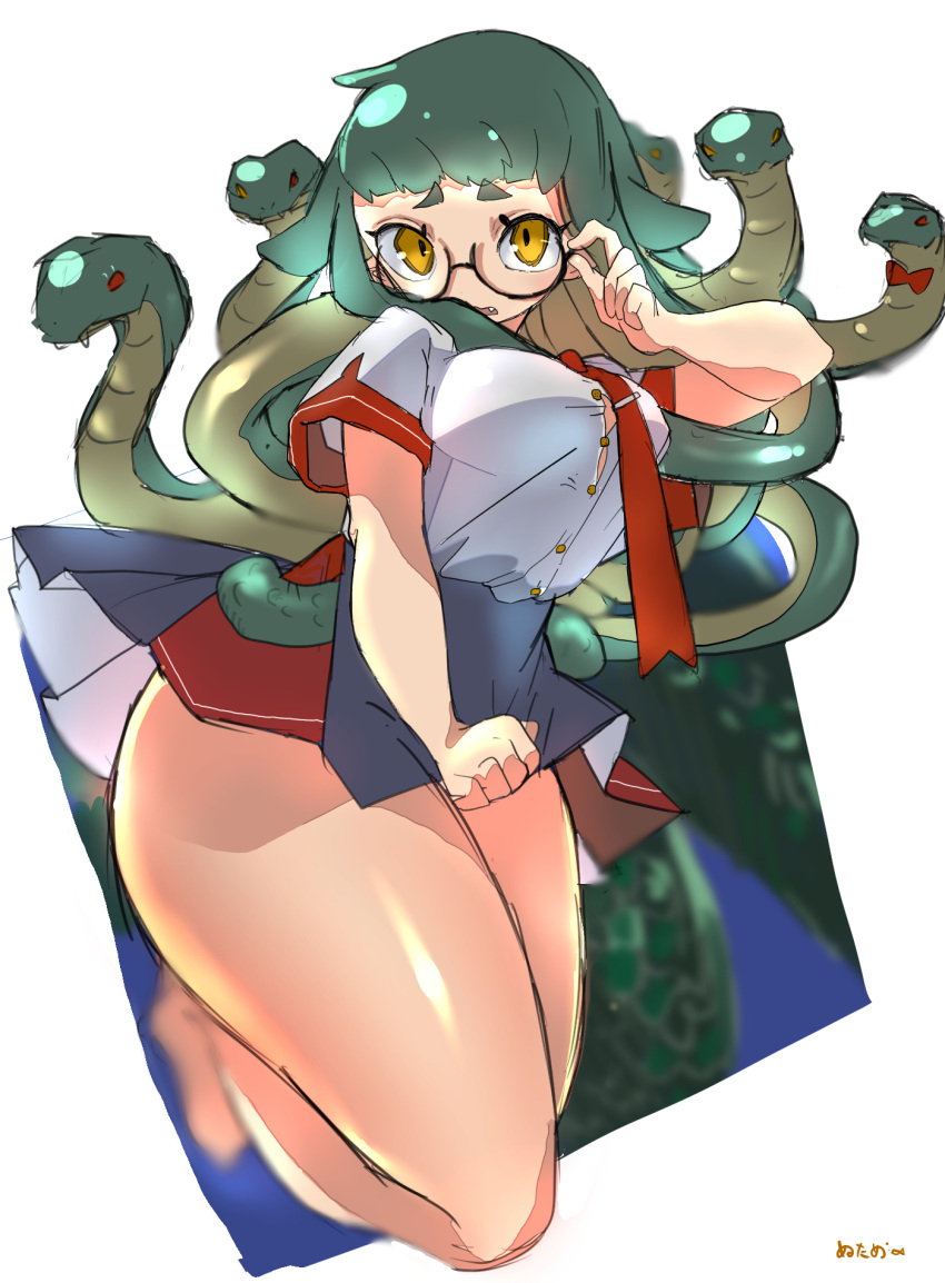 adjusting_eyewear bare_legs black-framed_eyewear blurry blurry_background bow bowtie breasts clenched_hands glasses green_hair highres holding holding_clothes holding_skirt jakoo07 legs_together medium_breasts miniskirt original red_bow red_bowtie red_tie shirt skirt snake_hair thick_thighs thighs tight tight_shirt yellow_eyes