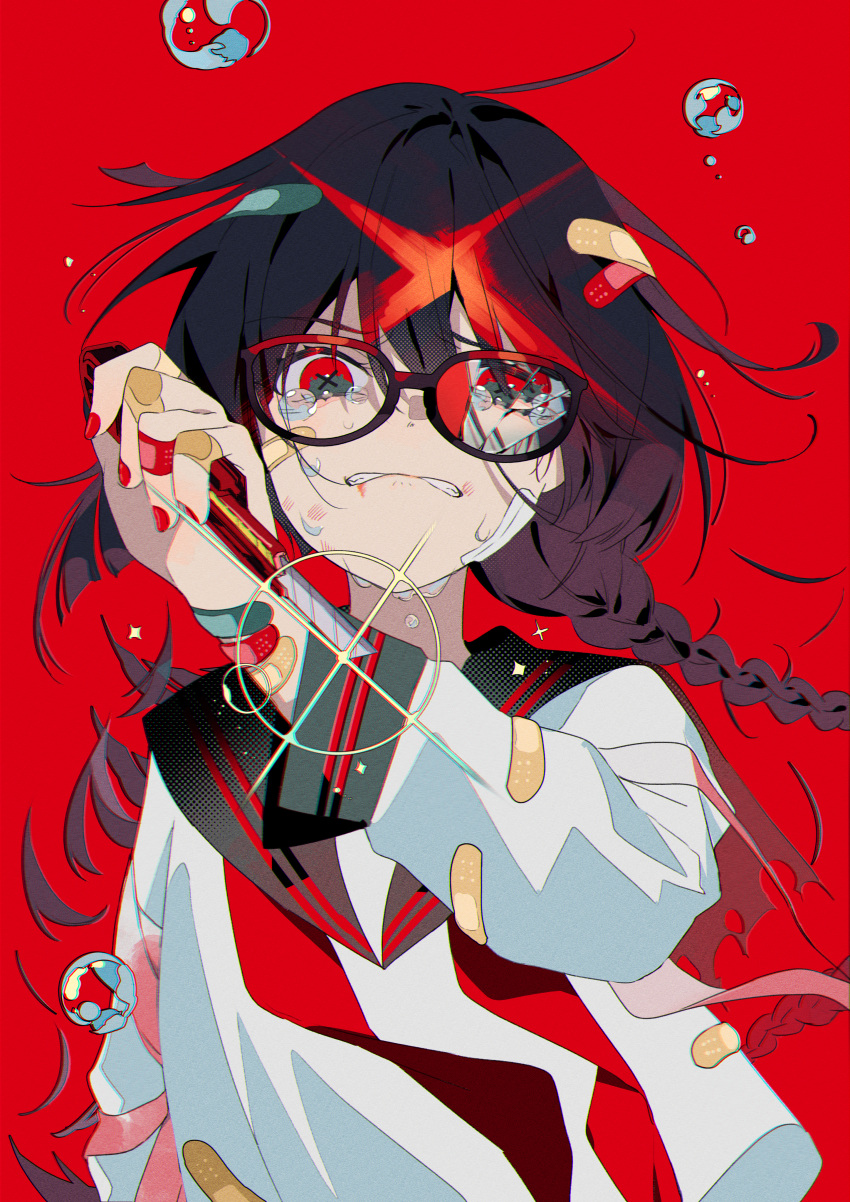 1girl absurdres bandaid bandaid_on_clothes bandaid_on_face bandaid_on_hand bandaid_on_wrist bangs biting black_hair black_sailor_collar boxcutter braid broken_eyewear commentary_request crying crying_with_eyes_open glasses grey_eyes hair_between_eyes hand_up highres holding_boxcutter lip_biting long_hair long_sleeves looking_at_viewer multicolored_eyes neckerchief omutatsu original red_background red_eyes red_nails red_neckerchief sailor_collar school_uniform shirt simple_background single_braid solo straight-on tearing_up tears upper_body white_shirt