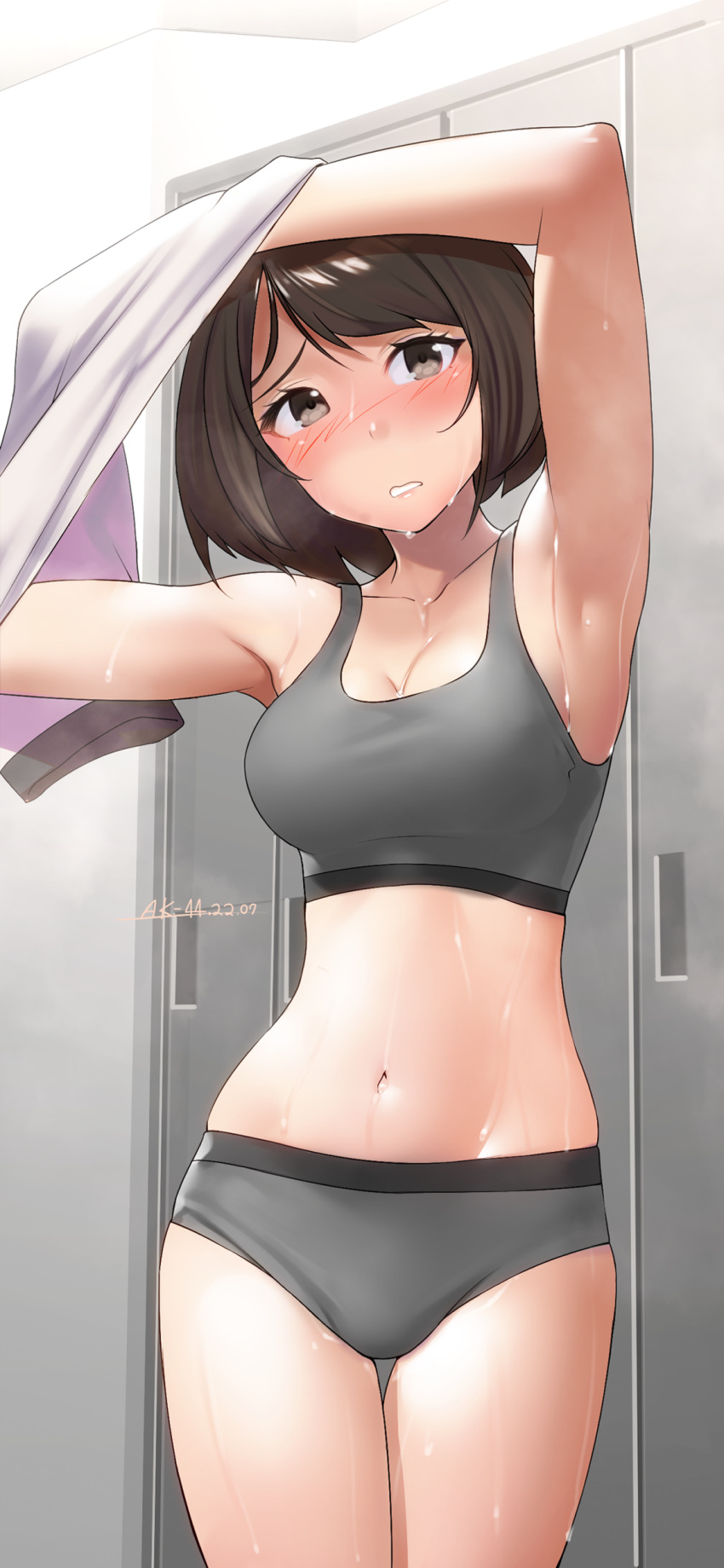 1girl absurdres ak-44 arm_over_head armpits arms_up bangs bloomers blush breasts brown_eyes brown_hair embarrassed highres hot indoors locker locker_room navel original parted_lips short_hair signature sports_bra steam stomach sweat underwear undressing wet