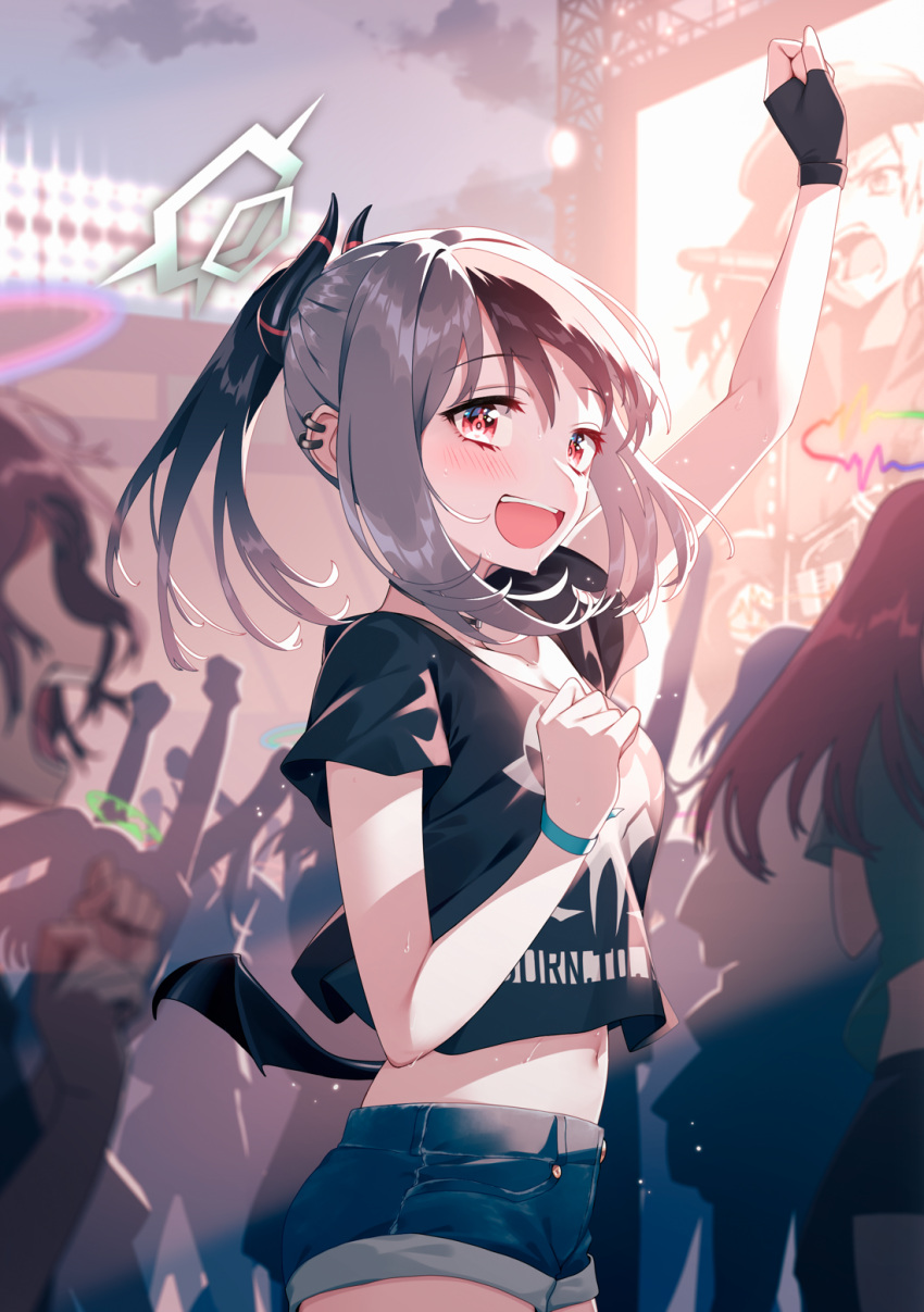 :d arm_up bangs black_hair black_shirt blew_andwhite blue_archive blurry blurry_foreground blush comiket_101 concert crop_top crowd demon_horns demon_wings denim denim_shorts depth_of_field earclip hair_between_eyes halo highres horns kayoko_(blue_archive) long_hair looking_at_viewer midriff multicolored_hair multiple_girls multiple_others navel open_mouth ponytail red_eyes shirt short_shorts short_sleeves shorts single_wing smile solo_focus sweat two-tone_hair white_hair wings wristband