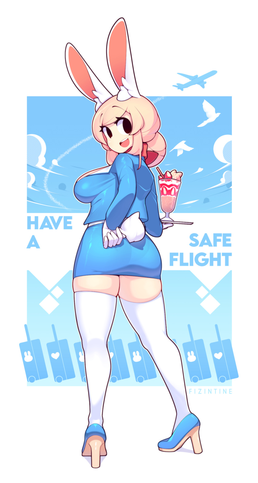 1girl :d aircraft airplane animal_ear_fluff animal_ears artist_name ass black_eyes blue_background blue_footwear blue_sky blue_theme breasts contrail english_text fiz_(fizintine) fizintine from_behind full_body gloves hair_bun heart high_heels highres large_breasts long_hair long_sleeves looking_at_viewer looking_back no_pupils open_mouth original parfait pink_hair rabbit_ears rabbit_girl rabbit_tail single_hair_bun sky smile solo tail tail_through_clothes thighhighs white_background white_gloves white_thighhighs zettai_ryouiki