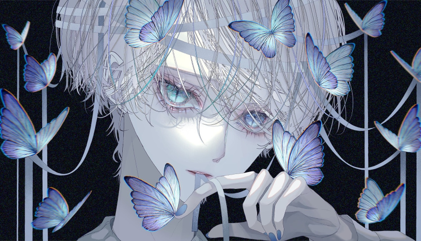 1boy aqua_eyes bishounen blue_butterfly blue_eyes bug butterfly green_eyes heterochromia highres looking_at_viewer male_focus mouth_hold original ribbon ribbon_in_mouth sasame_20 shiny shiny_skin short_hair slit_pupils solo