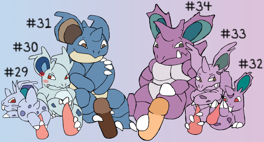 2_toes 3_toes anthro blush claws erection feet female feral foot_fetish foot_play footjob generation_1_pokemon genitals group hi_res horn male male/female male/male nidoking nidoqueen nidoran nidoran♀ nidoran♂ nidorina nidorino nintendo paws penis pokemon pokemon_(species) secretsableye sex simple_background smile text toes video_games