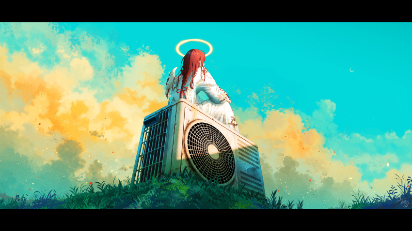 1girl air_conditioner angel angel_wings braid braided_ponytail cloud commentary_request dress feathered_wings feathers grass halo highres long_hair original red_hair scenery shuu_illust single_wing sitting solo white_dress white_wings wings