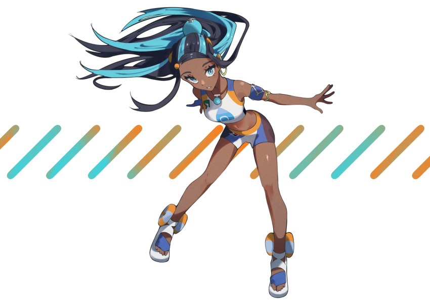 1girl aoi_(altea0923) armlet bike_shorts black_hair blue_eyes blue_hair commentary_request crop_top dark-skinned_female dark_skin earclip earrings floating_hair full_body gloves hair_bun highres hoop_earrings jewelry knees legs_apart long_hair looking_at_viewer multicolored_hair navel necklace nessa_(pokemon) outstretched_arm parted_lips partially_fingerless_gloves pokemon pokemon_(game) pokemon_swsh sandals single_glove single_hair_bun solo swimsuit two-tone_hair white_background white_footwear