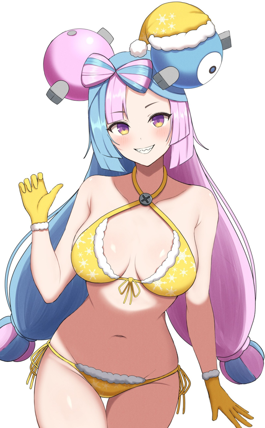 1girl absurdres bikini blue_hair breasts front-tie_bikini_top front-tie_top gloves gradient_eyes grin groin hair_ornament hand_up highres iono_(pokemon) light_blue_hair long_hair magnemite medium_breasts multicolored_eyes multicolored_hair navel pink_hair pokemon pokemon_(game) pokemon_sv purple_eyes sharp_teeth side-tie_bikini_bottom simple_background smile solo split-color_hair standing stomach surippa1010 swimsuit teeth thigh_gap two-tone_hair very_long_hair white_background yellow_bikini yellow_eyes yellow_gloves