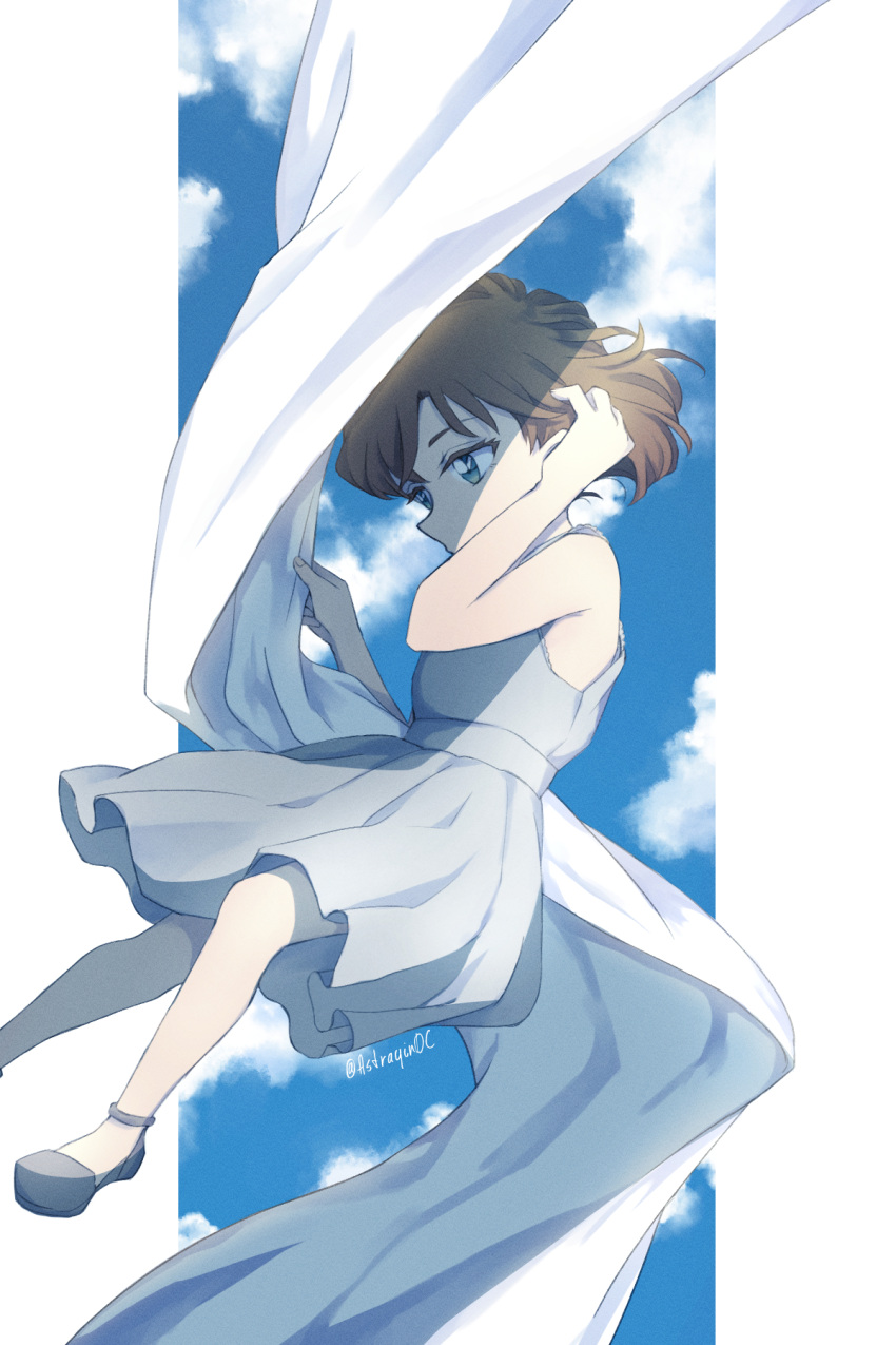 1girl adjusting_hair alternate_costume arm_up astrayin bangs bare_arms bare_shoulders blue_sky brown_hair cloud dress foot_out_of_frame from_side haibara_ai hand_up highres looking_down meitantei_conan shoes short_hair sky solo watermark white_dress
