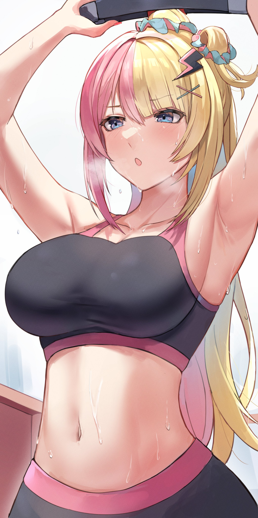 1girl :o absurdres alternate_costume armpits arms_up bangs blonde_hair blue_eyes breasts dobure18 english_commentary furrowed_brow hair_ornament hair_scrunchie highres kotoka_torahime large_breasts lightning_bolt_hair_ornament lightning_bolt_symbol long_hair midriff multicolored_hair navel nijisanji nijisanji_en one_side_up open_mouth pants pink_hair ring-con scrunchie solo sports_bra sweat two-tone_hair upper_body virtual_youtuber x_hair_ornament yoga_pants