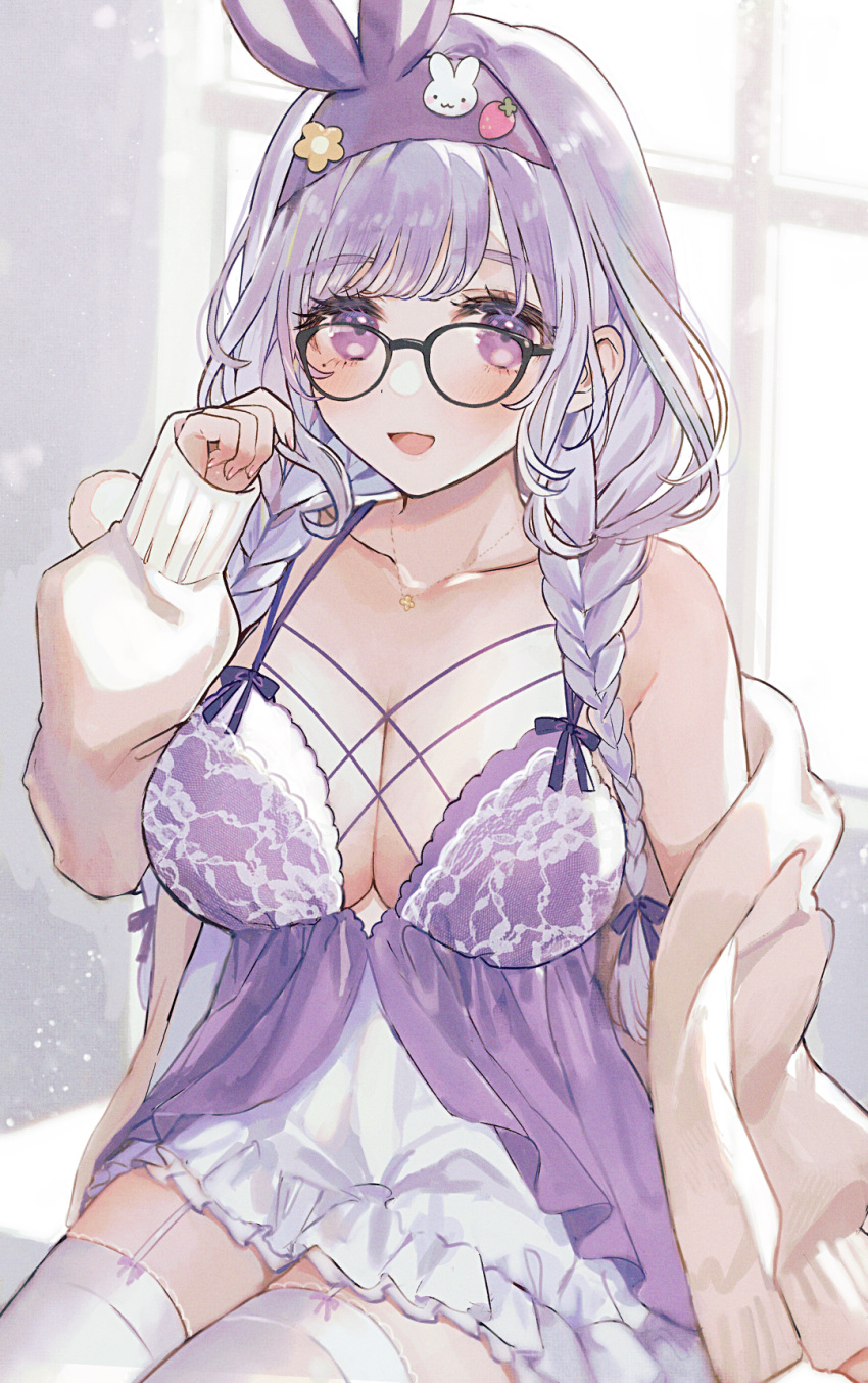 1girl :d animal_ears black-framed_eyewear braid breasts brown_jacket cleavage collarbone commentary_request garter_straps glasses hairband highres indie_virtual_youtuber jacket large_breasts long_hair long_sleeves looking_at_viewer low_twintails miyako_(xxxbibit) off_shoulder open_clothes open_jacket puffy_long_sleeves puffy_sleeves purple_eyes purple_hair purple_hairband rabbit_ears sleeves_past_wrists smile solo thighhighs twin_braids twintails very_long_hair virtual_youtuber white_thighhighs window yomi_tsumugiha