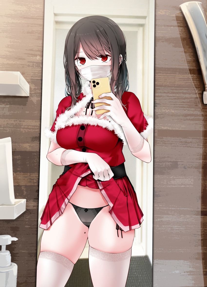 1girl bangs black_hair black_panties breasts cellphone cleavage clothes_lift gloves highres lifted_by_self long_hair looking_at_viewer mask mirror mole mole_on_breast mole_on_thigh mouth_mask oouso original panties phone pleated_skirt red_eyes skirt skirt_lift smartphone solo thighhighs underwear white_gloves white_thighhighs