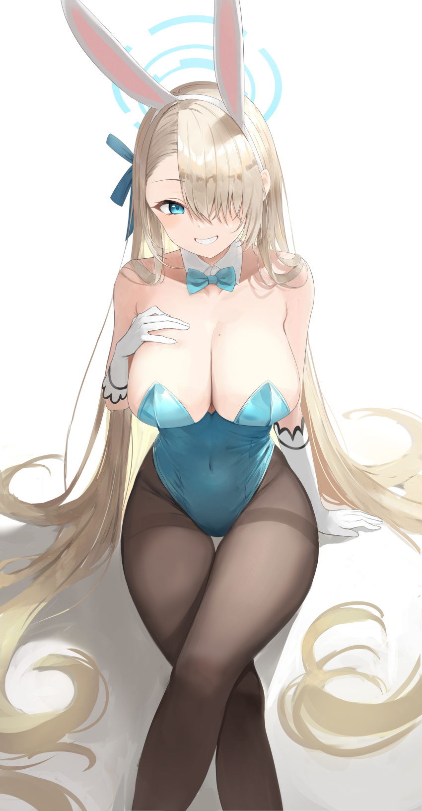 1girl absurdres animal_ears asuna_(blue_archive) asuna_(bunny)_(blue_archive) asymmetrical_bangs bangs bare_shoulders blue_archive blue_bow blue_bowtie blue_eyes blue_leotard bow bowtie breast_suppress breasts cleavage collarbone commentary covered_navel crossed_legs detached_collar elbow_gloves fake_animal_ears from_above gloves grin hair_over_one_eye hair_ribbon halo hand_on_own_chest highleg highleg_leotard highres korean_commentary large_breasts leotard light_brown_hair long_hair looking_at_viewer mole mole_on_breast official_alternate_costume pantyhose playboy_bunny rabbit_ears revision ribbon simple_background sitting smile strapless strapless_leotard thigh_gap thighband_pantyhose three_twosix traditional_bowtie very_long_hair white_background white_gloves