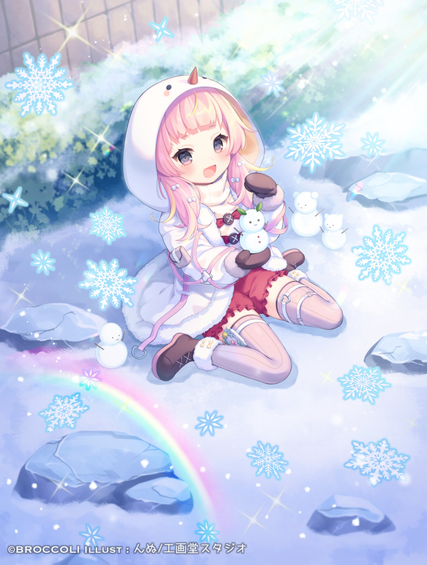 1girl :d black_footwear blonde_hair brown_mittens character_request day frilled_shorts frills fur-trimmed_jacket fur-trimmed_sleeves fur_trim grey_thighhighs hair_over_shoulder highres hood hood_up hooded_jacket jacket komachi_pochi long_hair long_sleeves low_twintails mittens multicolored_hair official_art on_ground outdoors pink_hair puffy_long_sleeves puffy_shorts puffy_sleeves rainbow red_shorts ribbed_legwear shoes short_shorts shorts sitting smile snowflakes snowman solo streaked_hair thighhighs twintails vividz wariza watermark white_jacket