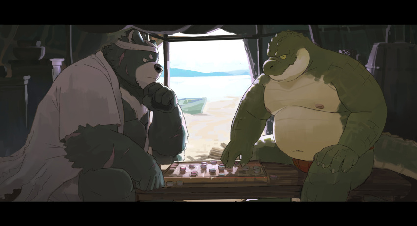 2022 absurd_res anthro bear crocodile crocodilian crocodylid detailed_background duo hi_res humanoid_hands huynhduyad14 kemono male mammal overweight overweight_male reptile scalie sitting