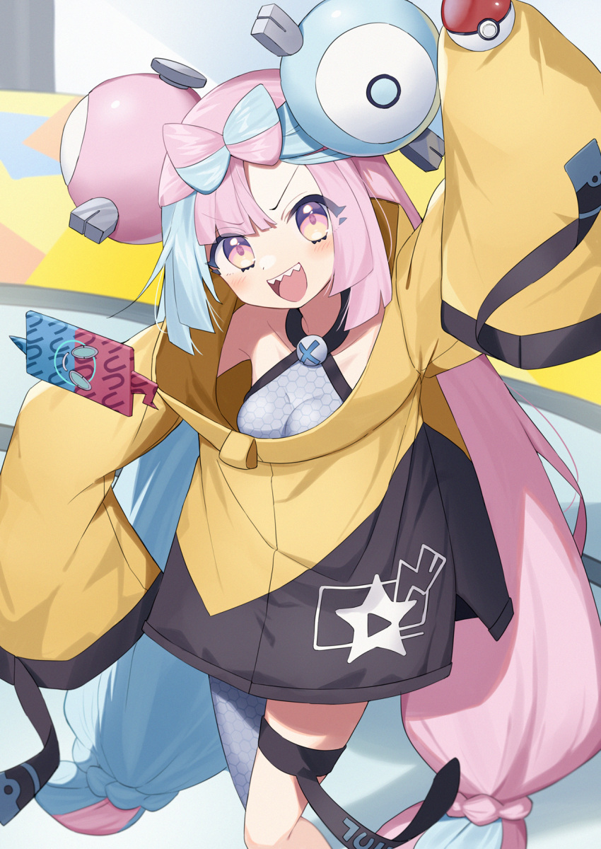 1girl :d arm_up bangs bare_shoulders blue_hair bow-shaped_hair breasts cleavage collarbone commentary_request grey_pantyhose highres iono_(pokemon) jacket long_hair long_sleeves looking_at_viewer medium_breasts multicolored_hair pantyhose pink_hair poke_ball poke_ball_(basic) pokemon pokemon_(game) pokemon_sv red_eyes rotom rotom_phone sharp_teeth single_leg_pantyhose sleeves_past_fingers sleeves_past_wrists smile solo teeth two-tone_hair v-shaped_eyebrows very_long_hair wagashi928 yellow_jacket