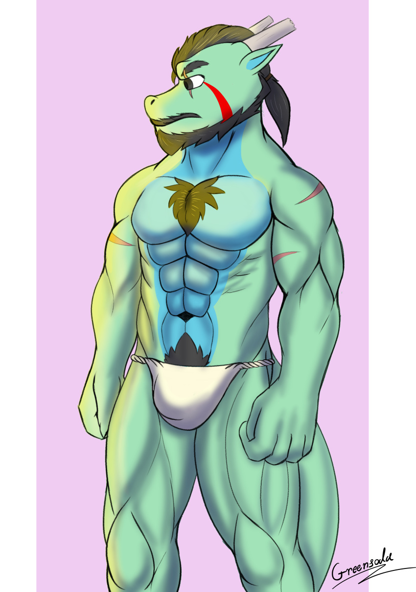 absurd_res anthro asian_clothing asian_mythology biceps body_hair chest_hair clothed clothing digital_media_(artwork) dragon east_asian_clothing east_asian_mythology eastern_dragon fingers fundoshi fundoshi_only green_body greensoda_(greensodafennec) greensodafennec hair hi_res horn humanoid japanese_clothing male multicolored_body muscular muscular_male mythology scalie scar simple_background solo underwear underwear_only