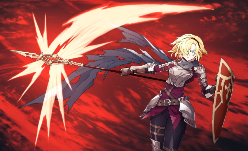 1girl armor bangs belt belt_buckle black_hairband black_thighhighs blonde_hair blue_eyes boots bracer breastplate brown_belt brown_gloves buckle cocopeace energy_weapon full_body future_princess gloves guardian_tales hair_over_one_eye hairband highres holding holding_scythe holding_shield holding_staff holding_weapon looking_at_viewer multicolored_clothes multiple_belts plate_armor red_shirt scarf scythe shield shirt short_hair shoulder_armor solo staff thighhighs torn_scarf transparent_background weapon