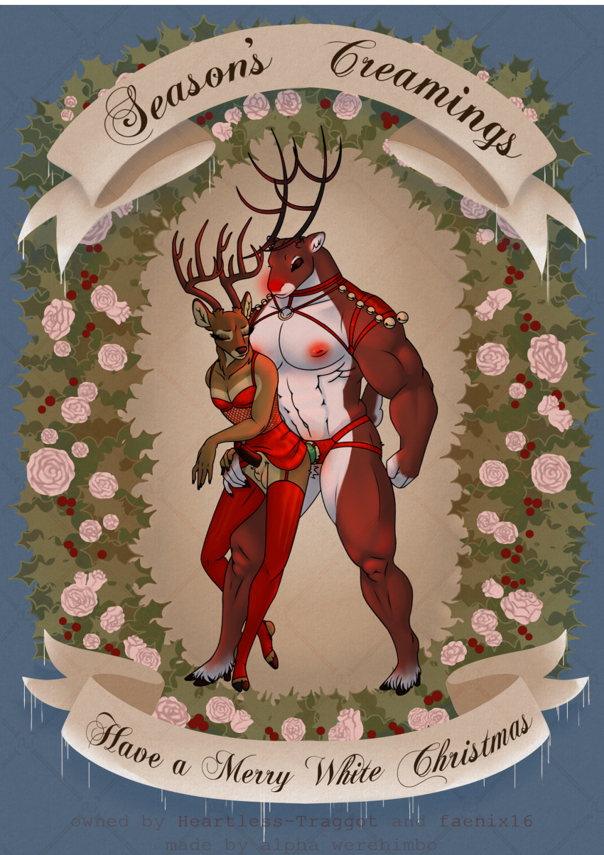 abs alpha_werehimbo andromorph anthro antlers athletic bambi_(film) bottomwear brown_body brown_eyes brown_fur capreoline christmas clothed clothing crossdressing deer dildo disney duo erection eyes_closed foreskin fur genitals girly glans harness hi_res holidays hooves horn intersex inverted_nipples legwear lingerie looking_back male mammal multicolored_body multicolored_fur nipples pecs penis puffy_nipples reindeer retracted_foreskin sex_toy skirt stockings strapon two_tone_body two_tone_fur vein veiny_penis white-tailed_deer