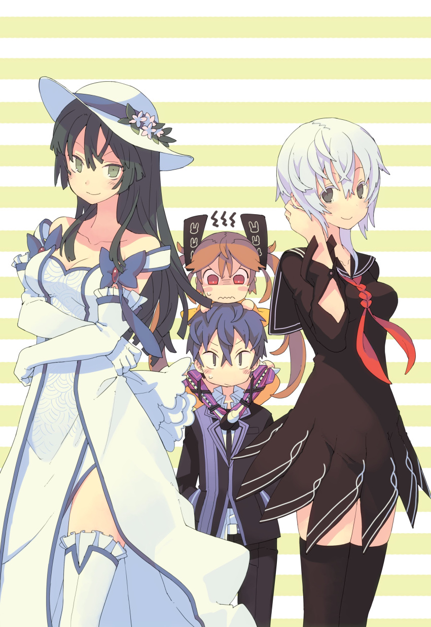 1boy 3girls absurdres aihara_enju alternate_eye_color angry annoyed bangs bare_shoulders black_bullet black_dress black_jacket black_pants black_sailor_collar black_thighhighs blazer blue_bow blue_hair blush blush_stickers boots bow breasts bright_pupils brooch brown_hair carrying character_request check_character cleavage closed_mouth collarbone commentary_request constricted_pupils cosplay costume_switch cowboy_shot cross-laced_footwear crossed_arms crossed_bangs dress elbow_gloves flower gloves green_eyes grey_eyes hair_between_eyes hair_tucking hand_in_own_hair hat hat_flower height_difference highres hime_cut jacket jewelry knee_boots long_hair long_sleeves looking_at_another looking_at_viewer medium_breasts medium_hair morino_hon multiple_girls neckerchief off-shoulder_dress off_shoulder on_head pants pelvic_curtain person_on_head purple_footwear red_eyes red_neckerchief sailor_collar sailor_dress satomi_rentarou school_uniform seigaiha seitenshi_(black_bullet) shaded_face shoulder_carry simple_background sitting_on_shoulder smile striped striped_background tendou_kisara thighhighs wavy_mouth white_dress white_headwear white_pupils yellow_background |_|