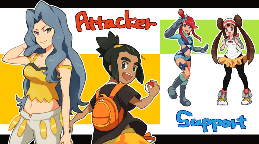 1boy 3girls absurdres backpack bag black_shirt blue_eyes blue_hair breasts brown_hair clenched_hands crop_top dark-skinned_male dark_skin double_bun green_hair hair_bun hau_(pokemon) highres holding holding_poke_ball jie_tian karen_(pokemon) looking_at_viewer midriff multiple_girls navel open_mouth poke_ball poke_ball_(basic) pokemon pokemon_(game) pokemon_bw pokemon_bw2 pokemon_hgss pokemon_masters_ex pokemon_sm ponytail raglan_sleeves red_hair rosa_(pokemon) shirt skyla_(pokemon) smile standing visor_cap