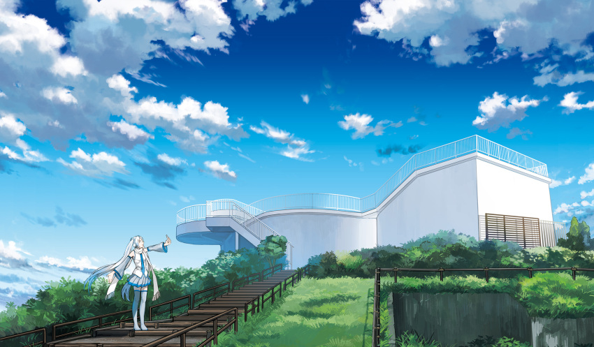 1girl amemura_(caramelo) bare_shoulders blue_eyes blue_hair blue_necktie blue_sky boots cloud day detached_sleeves earmuffs grass grey_skirt grey_sleeves grey_thighhighs hair_ornament handrail hatsune_miku headset highres hill hokkaido holding holding_phone light_blue_hair long_hair miniskirt necktie official_art open_mouth outdoors outstretched_arms phone pleated_skirt real_world_location scarf scenery second-party_source shirt skirt sky sleeveless sleeveless_shirt smile solo stairs standing taking_picture thigh_boots thighhighs twintails very_long_hair very_wide_shot vocaloid white_scarf white_shirt yuki_miku yuki_miku_(2011)