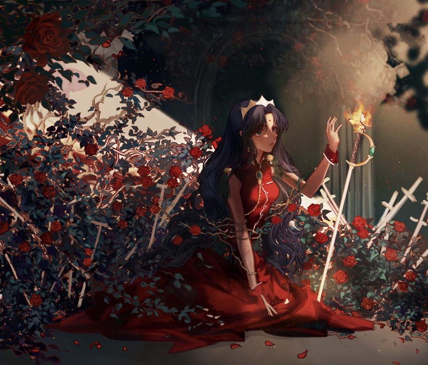 1girl bangs bug butterfly crown dark-skinned_female dark_skin dress fire flower full_body highres himemiya_anthy jinyuguantou leaf long_hair parted_bangs purple_hair red_dress red_flower red_rose rose shoujo_kakumei_utena sitting solo sword_of_dios weapon