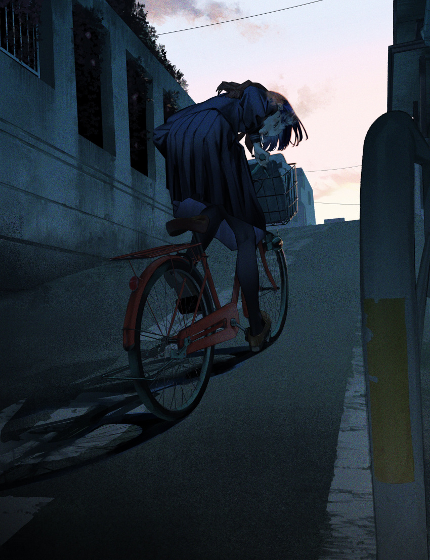1girl absurdres bicycle bicycle_basket building cloud dusk film_grain ground_vehicle highres hunched_over kento_matsuura loafers long_sleeves looking_at_viewer looking_back original pantyhose pleated_skirt power_lines riding riding_bicycle road school_uniform shadow shirt shoes short_hair skirt solo steam street tree