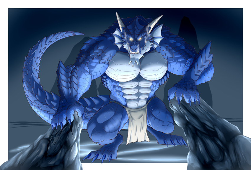 2022 2_horns 4_toes 5_fingers abs angry anthro barefoot blue_body blue_scales bottomwear clothed clothing countershading digital_media_(artwork) dracoice08 dragon ear_fins ear_frill feet fin fingers frill_(anatomy) glowing glowing_eyes horn loincloth male muscular muscular_anthro muscular_male muscular_thighs pecs pupils rock scales scalie slit_pupils smoke_from_mouth snarling solo toes topless topless_anthro topless_male valorean_(krankheit-lan) white_body white_scales yellow_eyes yellow_glow