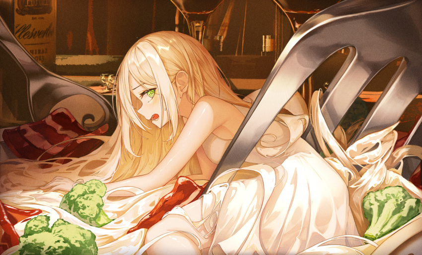 1girl @_@ bacon bare_arms bare_shoulders blonde_hair bottle breasts broccoli commentary_request cup dress drinking_glass food fork green_eyes h2o_(dfo) highres long_hair lying minigirl on_side original pasta personification sleeveless sleeveless_dress small_breasts solo spoon very_long_hair white_dress wine_bottle wine_glass