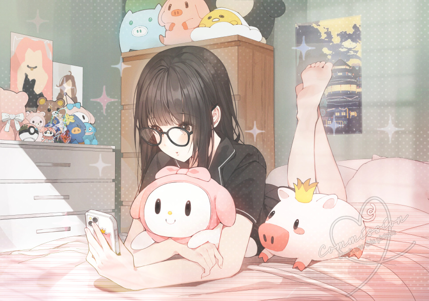 1girl absurdres bangs barefoot bed black-framed_eyewear black_eyes black_hair blush bow cellphone commission drawer figure glasses highres holding holding_phone holding_stuffed_toy lying object_hug on_bed on_stomach original patch_oxxo phone pig pillow poke_ball puppet soles solo stuffed_toy