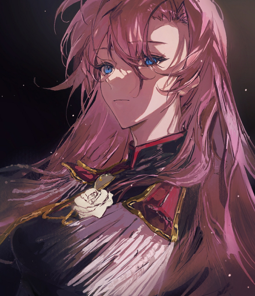 1girl bangs black_jacket blue_eyes closed_mouth epaulettes flower hair_between_eyes highres jacket long_hair long_sleeves looking_at_viewer pink_hair rose shoujo_kakumei_utena solo tenjou_utena un-defineded upper_body