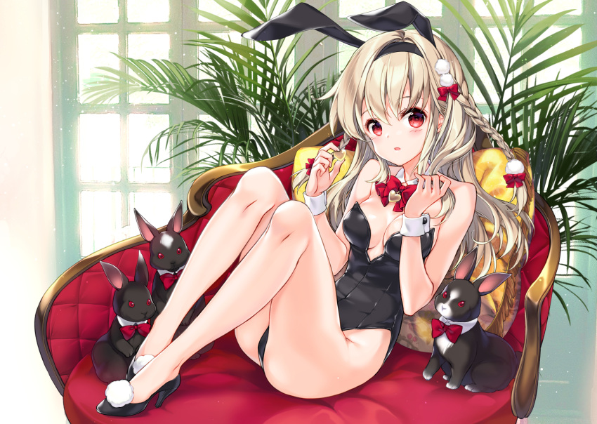 1girl animal animal_ears bare_legs bare_shoulders black_footwear black_hairband black_leotard blonde_hair blush bow bowtie braid breasts cleavage collar comiket_101 commentary_request detached_collar fake_animal_ears hair_bow hairband high_heels highres juna knees_up leotard long_hair medium_breasts original parted_lips plant playboy_bunny rabbit rabbit_ears red_bow red_bowtie red_eyes shoes sitting solo strapless strapless_leotard twin_braids very_long_hair white_collar window wing_collar wrist_cuffs
