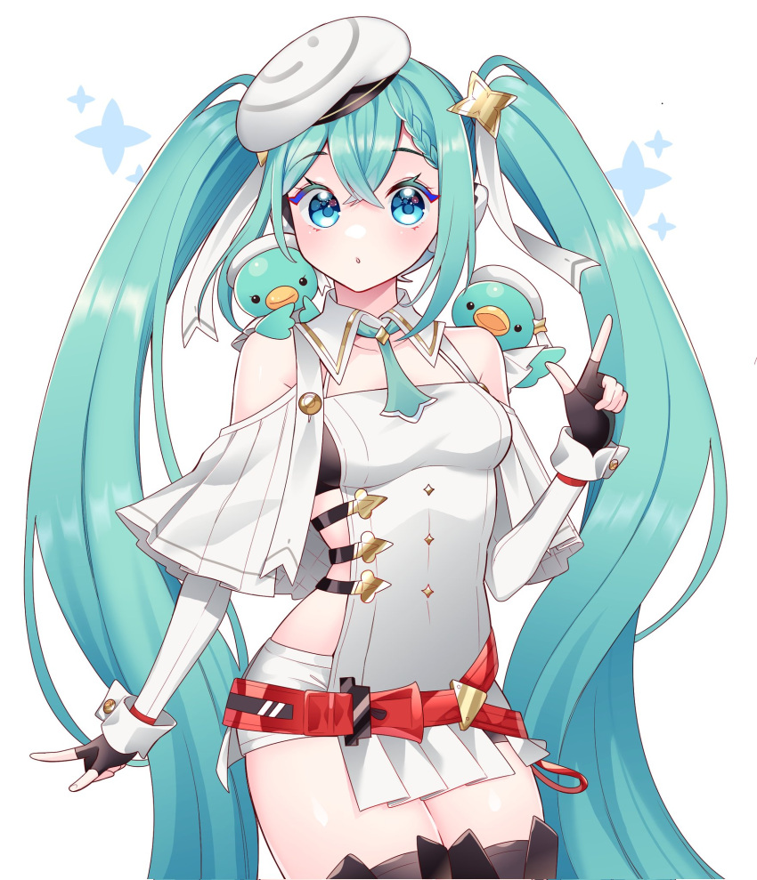 belt bird blue_hair braid collar fingerless_gloves gloves goodsmile_company goodsmile_racing hair_between_eyes hair_ornament hatsune_miku highres index_finger_raised masumofu medium_hair racing_miku racing_miku_(2023) ribbon simple_background star_(symbol) thighhighs twintails vocaloid wrist_cuffs