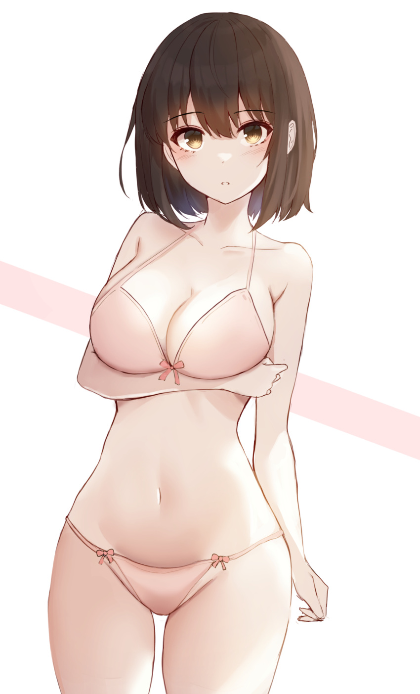 1girl arm_under_breasts bangs bare_shoulders bikini black_hair bow bow_bra bra breasts cleavage collarbone commentary cowboy_shot frontera groin hair_between_eyes halterneck highres katou_megumi large_breasts light_blush looking_at_viewer navel open_mouth panties pink_bikini saenai_heroine_no_sodatekata short_hair simple_background solo standing stomach swimsuit underwear white_background yellow_eyes