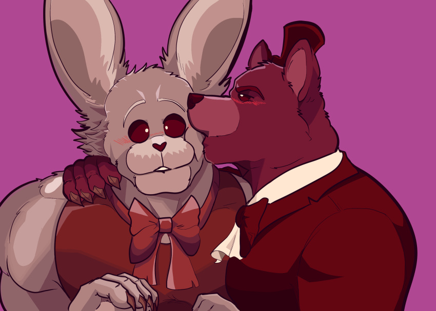 anthro barazoku bear blush bow_tie clawed_fingers claws clothing duo embrace five_nights_at_freddy's five_nights_at_freddy's_4 hi_res kissing lagomorph leporid long_ears love male male/male mammal nightmare_bonnie_(fnaf) nightmare_freddy_(fnaf) pinumontbalou rabbit romantic romantic_couple scottgames surprise video_games