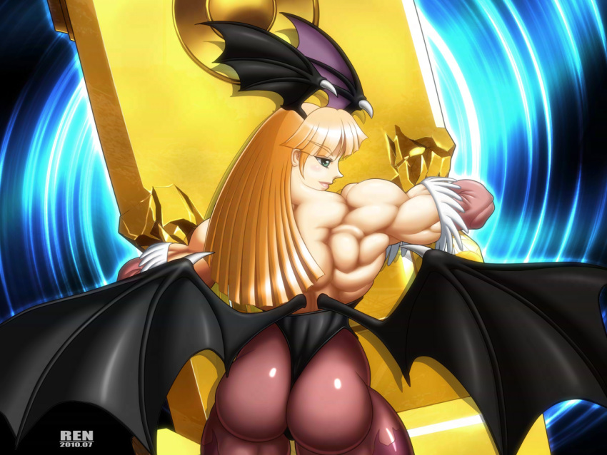 ass bat_wings blonde_hair glutes head_wings morrigan_aensland muscular muscular_female object_hug pantyhose ren_(tainca2000) strong vampire_(game) wings