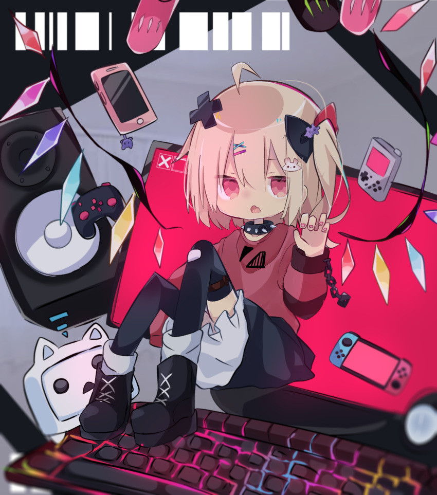 1girl absurdres black_skirt blonde_hair bloomers boots cellphone chain collar controller flandre_scarlet from_side game_boy hair_ornament handheld_game_console highres joystick keyboard_(computer) long_sleeves looking_at_viewer monitor nintendo_switch open_mouth painttool_sai_(medium) phone rabbit_hair_ornament red_eyes sitting skirt smartphone solo soru_(remonntteumai) spiked_collar spikes touhou underwear white_bloomers wings