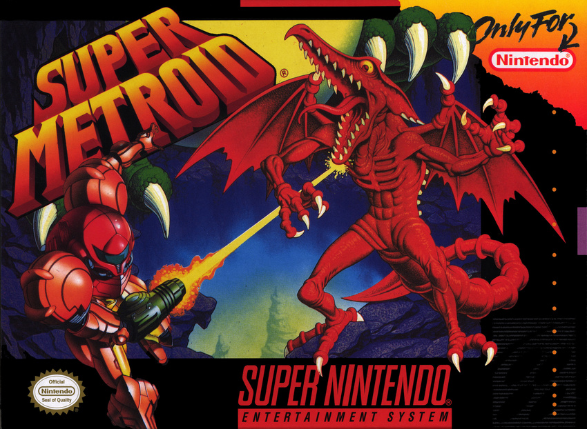 90s armor body_suit bodysuit box_cover classic cover game game_cover highres laser metroid monster nintendo power_armor power_suit ridley samus_aran snes super_metroid super_nintendo wings