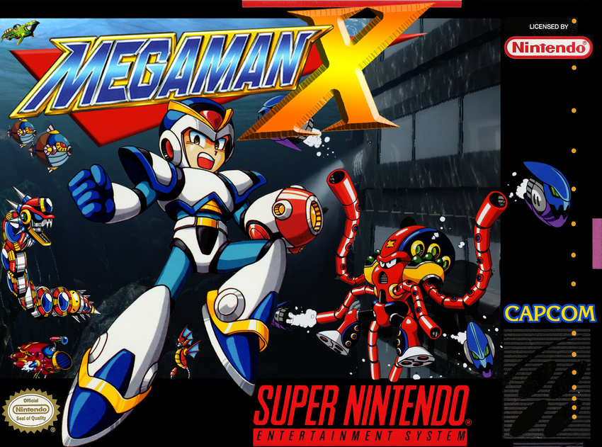 90s angry attack box_cover capcom classic cover game game_cover highres launch_octopus maverick megaman_x robot rockman rockman_x snes super_nintendo underwater