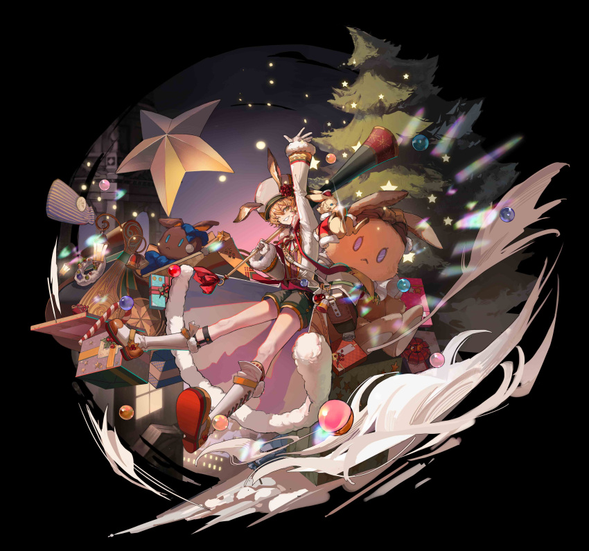 1boy ;d absurdres animal_ears arknights arm_up birdy437 black_background blonde_hair blue_bow bow bowtie brown_bag candy candy_cane christmas_ornaments christmas_tree coat food fur-trimmed_coat fur-trimmed_sleeves fur_trim gift green_shorts grin hair_between_eyes hat highres lantern leonhardt_(arknights) leonhardt_(hope_cruise)_(arknights) long_sleeves male_focus official_alternate_costume one_eye_closed rabbit rabbit_ears red_bow red_bowtie red_footwear red_shirt shirt short_hair shorts simple_background smile socks solo stuffed_animal stuffed_bunny stuffed_toy teeth white_coat white_headwear white_socks yellow_eyes