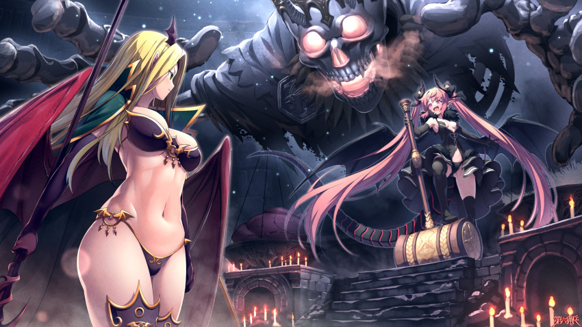 2girls blonde_hair boots breasts candle cape commentary_request commission demon_wings dragon_girl dragon_horns dragon_tail dragon_wings elbow_gloves elf fantasy giant_skeleton gloves high_collar highres holding holding_staff horns kuromasu long_hair looking_at_another mallet medium_breasts multiple_girls navel original pink_eyes pink_hair pointy_ears revealing_clothes skeleton skindentation staff stomach tail thigh_boots twintails very_long_hair war_hammer weapon wings