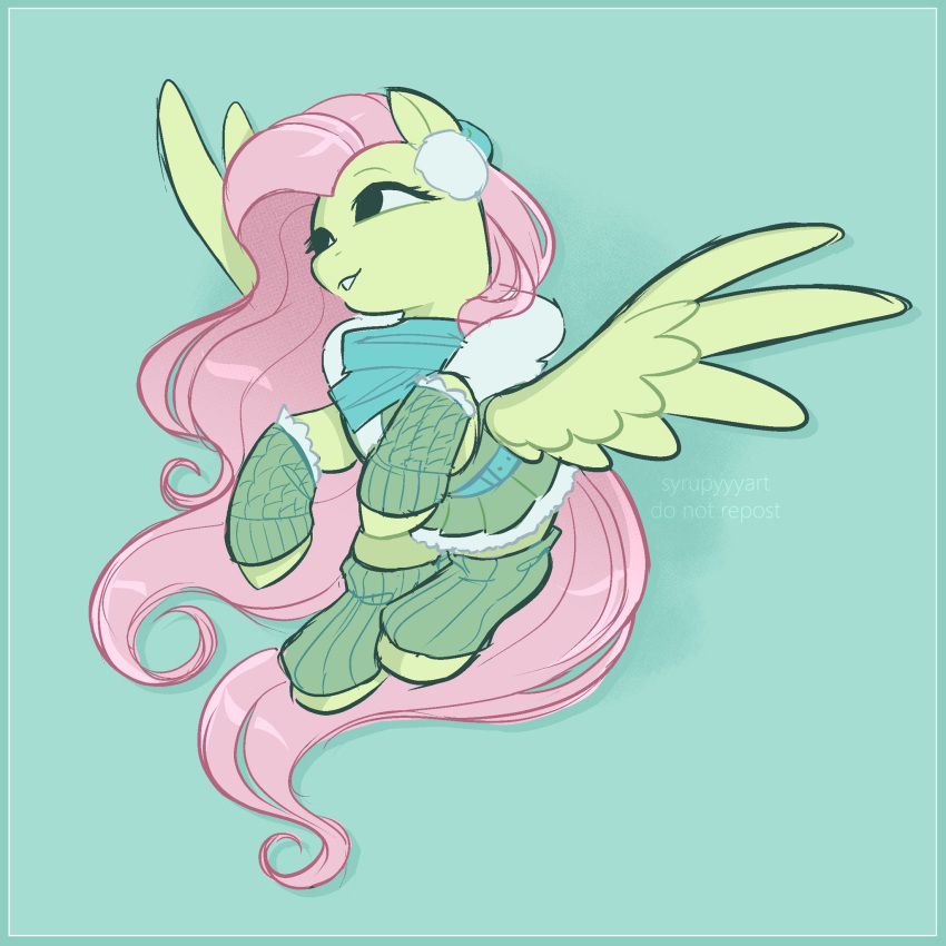 clothing earmuffs female feral fluttershy_(mlp) friendship_is_magic hasbro hi_res leg_warmers legwear mane my_little_pony pink_mane pink_tail smile solo spread_wings syrupyyy wings winter_clothing