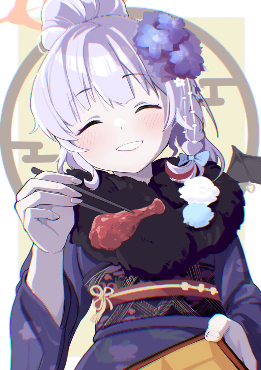 1girl black_wings blue_archive blue_bow bow braid chicken_(food) chicken_leg chopsticks closed_eyes flower food fur_collar grey_hair grin hair_bow hair_bun hair_flower hair_ornament halo haruna_(blue_archive) haruna_(new_year)_(blue_archive) highres holding holding_chopsticks japanese_clothes kimono long_sleeves obi purple_kimono sash single_hair_bun single_wing smile solo textless_version urode wide_sleeves wings