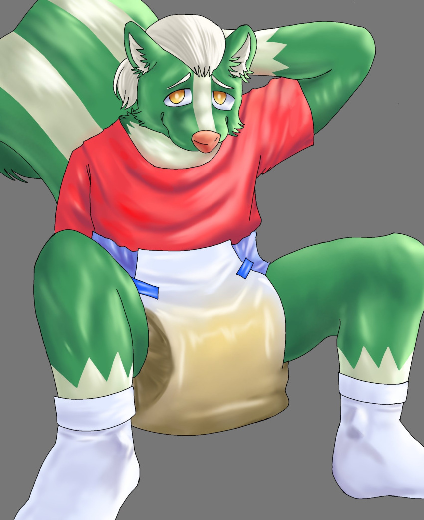 anthro bodily_fluids clothed clothing diaper feces gabugaburon genital_fluids hi_res male mammal mephitid messy_diaper ron_(greenpanunk) sitting skunk soiling solo urine wet_diaper wetting