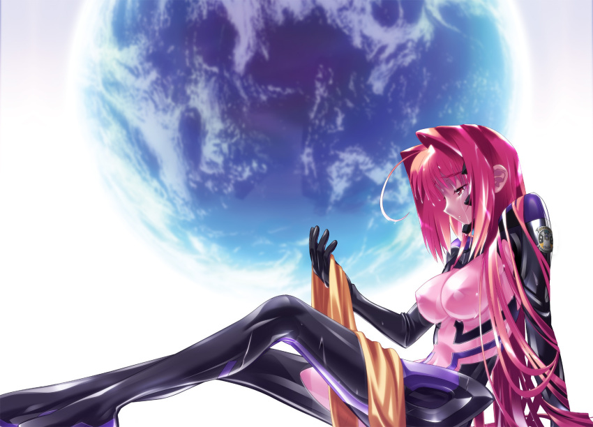 1girl ahoge alternate_hairstyle bodysuit covered_nipples earth_(planet) fortified_suit highres kagami_sumika legs long_hair muvluv muvluv_alternative official_art parted_lips pink_eyes pink_hair planet ribbon ribbon_removed sitting solo tears very_long_hair wet yellow_ribbon