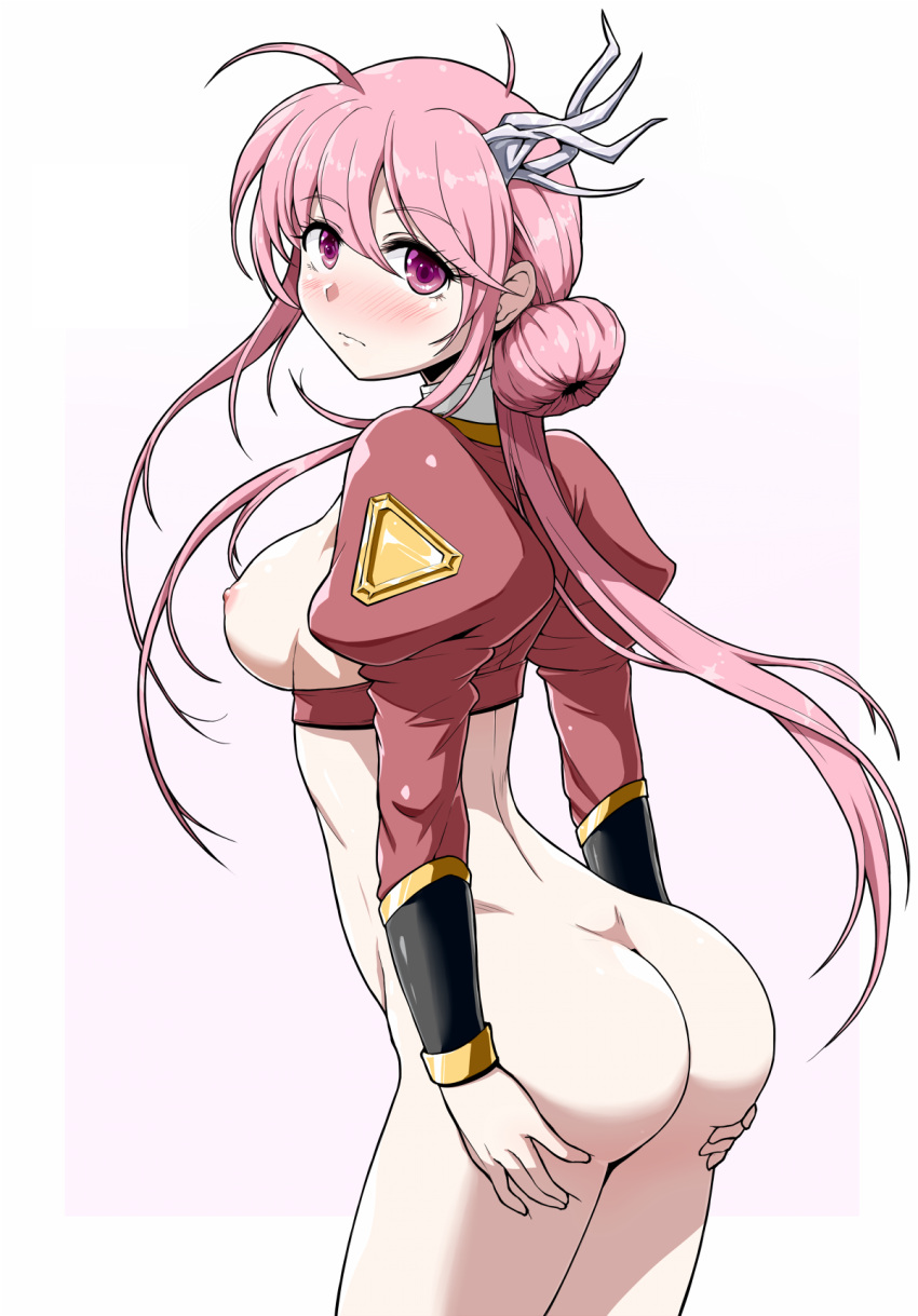 1girl almeda ass ass_grab blush bottomless breasts breasts_out butt_crack cropped_jacket embarrassed full-face_blush grabbing_own_ass hair_bun highres kyo9999 langrisser langrisser_mobile looking_at_viewer looking_back medium_breasts nipples nose_blush panties pink_hair shrug_(clothing) simple_background solo underwear white_background