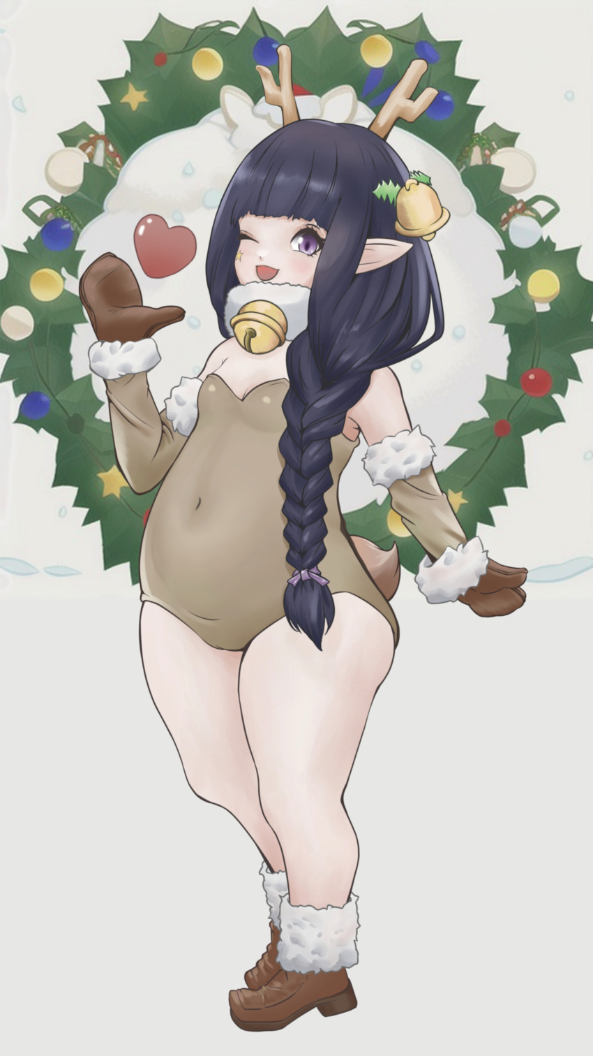 1girl :3 absurdres animal_costume antlers bangs bell black_hair blush boots braid breasts brown_leotard cameltoe chikuwa_(aymg7332) christmas christmas_ornaments commentary covered_navel detached_sleeves final_fantasy final_fantasy_xiv fur_collar fur_trim hair_bell hair_ornament heart highres holly_hair_ornament jingle_bell lalafell leotard long_hair mittens neck_bell one_eye_closed open_mouth playboy_bunny pointy_ears purple_eyes reindeer_antlers reindeer_costume simple_background single_braid small_breasts smile star_sticker sticker_on_face strapless strapless_leotard thick_thighs thighs wide_hips wreath