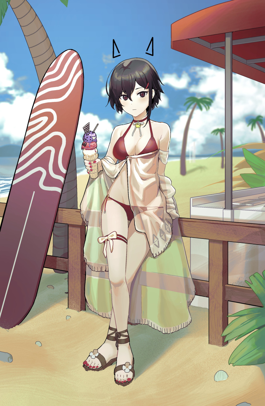 1girl 4hnyu absurdres arm_support armpit_crease bangs beach bikini black_hair blue_sky blurry blurry_background blush bow breasts brown_eyes choker closed_mouth cloud cloudy_sky collarbone crossed_legs day feet full_body hairband highres holding ice_cream_cone leaning_on_rail legs looking_at_viewer medium_breasts medium_hair nail_polish original outdoors palm_tree plant red_bikini red_nails sandals seashell see-through shadow shell shiny shiny_hair sky solo surfboard swept_bangs swimsuit thigh_strap thighs toenail_polish toenails toes tree white_bow