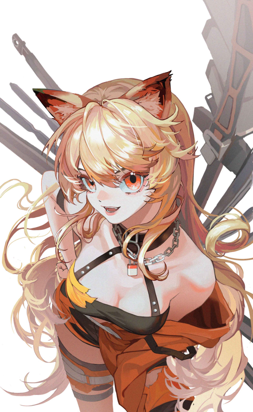 1girl :d absurdres animal_ear_fluff animal_ears arknights bare_shoulders birdy437 black_collar black_shorts black_tank_top blonde_hair breasts ceobe_(arknights) ceobe_(summer_flowers)_(arknights) chain cleavage collar cowboy_shot dog_ears eyebrows_hidden_by_hair fangs floating_hair hair_between_eyes hand_on_hip highres jacket leaning_forward lips long_hair looking_at_viewer medium_breasts off_shoulder official_alternate_costume open_mouth orange_eyes orange_jacket shorts simple_background smile solo tank_top teeth very_long_hair weapon weapon_on_back white_background