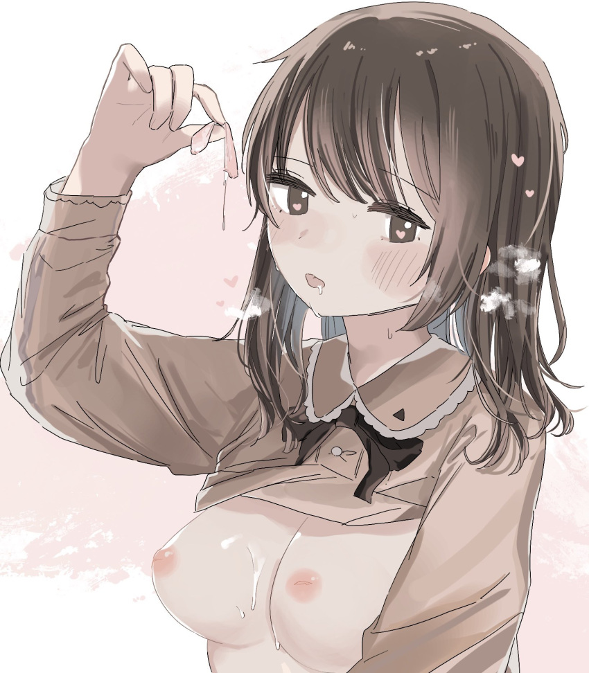 arm_up bow bowtie breasts brown_bow brown_bowtie brown_dress brown_eyes brown_hair condom cum cum_on_body cum_on_breasts dress heart heart-shaped_pupils highres holding holding_condom inverted_nipples medium_breasts medium_hair no_bra no_headwear open_mouth original seno_(senokuni) simple_background symbol-shaped_pupils used_condom visible_air