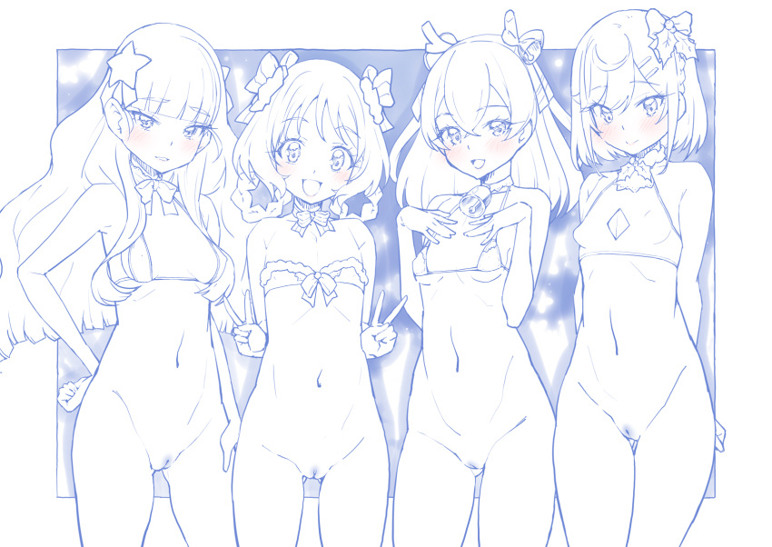 4girls antlers arms_behind_back ass_visible_through_thighs bangs bell bikini blue_theme blunt_bangs bottomless bow bow_bikini braid breasts choker christmas cleavage_cutout closed_mouth clothing_cutout commentary_request crotch_seam delicious_party_precure double_v fake_antlers flat_chest frilled_bikini frills fur-trimmed_bikini fur_trim fuwa_kokone hair_bell hair_ornament hair_rings hairclip halterneck hanamichi_ran hand_on_hip hands_on_own_chest highres holly_hair_ornament kasai_amane long_hair medium_hair micro_bikini miyagoe_yoshitsuki multiple_girls nagomi_yui navel neck_bell neck_ribbon open_mouth parted_lips partial_commentary precure pussy reindeer_antlers ribbon short_hair side-by-side small_breasts smile spot_color star_(symbol) star_hair_ornament strapless strapless_bikini string_bikini swimsuit thigh_gap twin_braids v